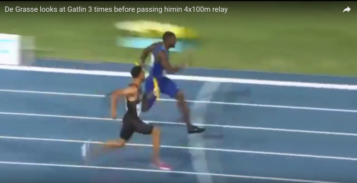 Andre de Grasse looks across Gatlin 3 times before beating him in ...